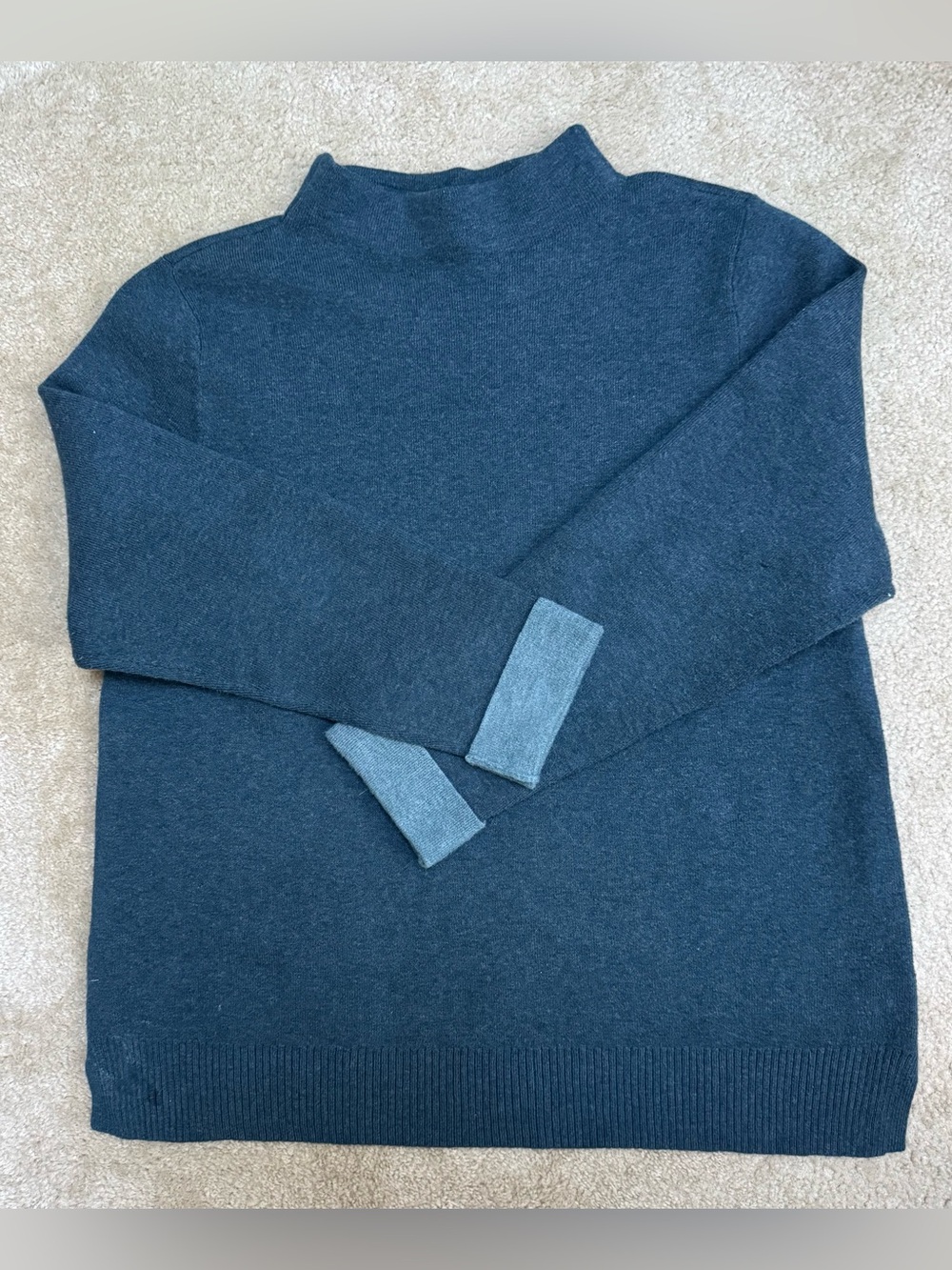 J. Jill Sz L Women's Dark Teal Turtleneck Sweater with Light Teal Cuff Detail